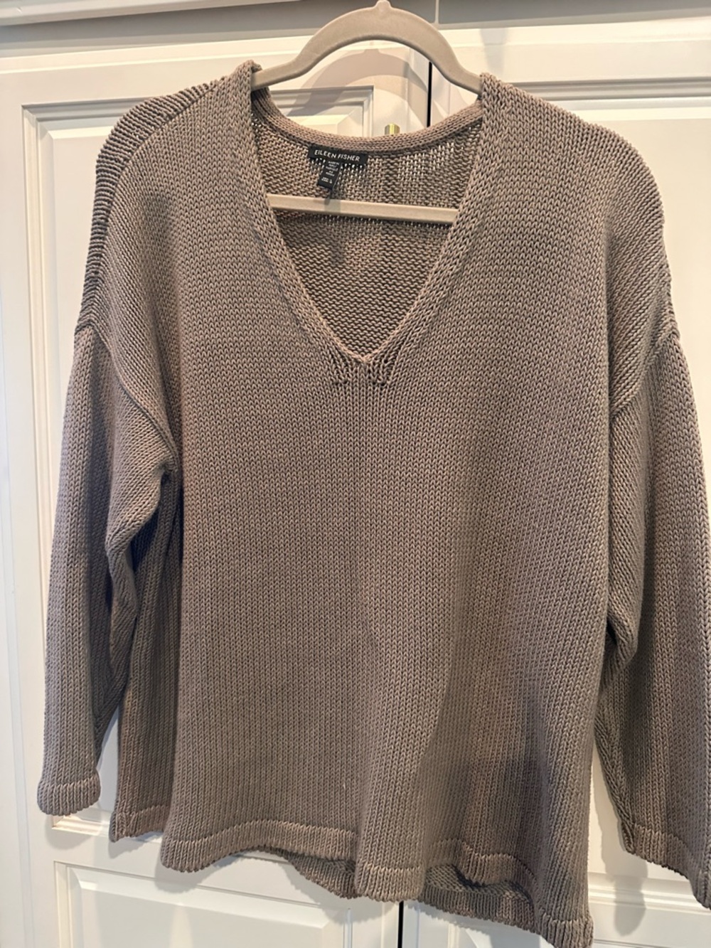 Eileen Fisher Taupe V-Neck Cotton Knit Sweater